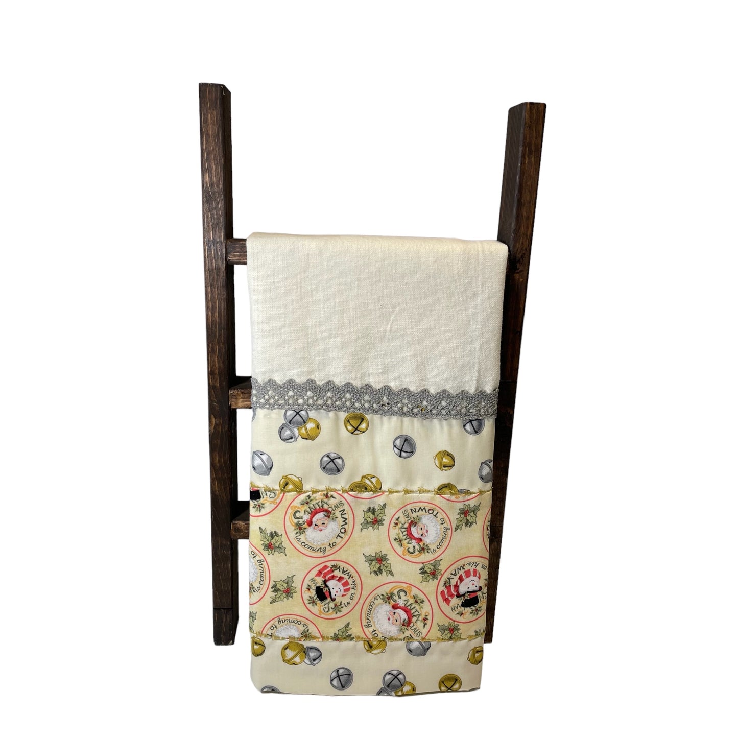 Charming Retro Santa Cream Cotton Dish Towel with Handcrafted Accents