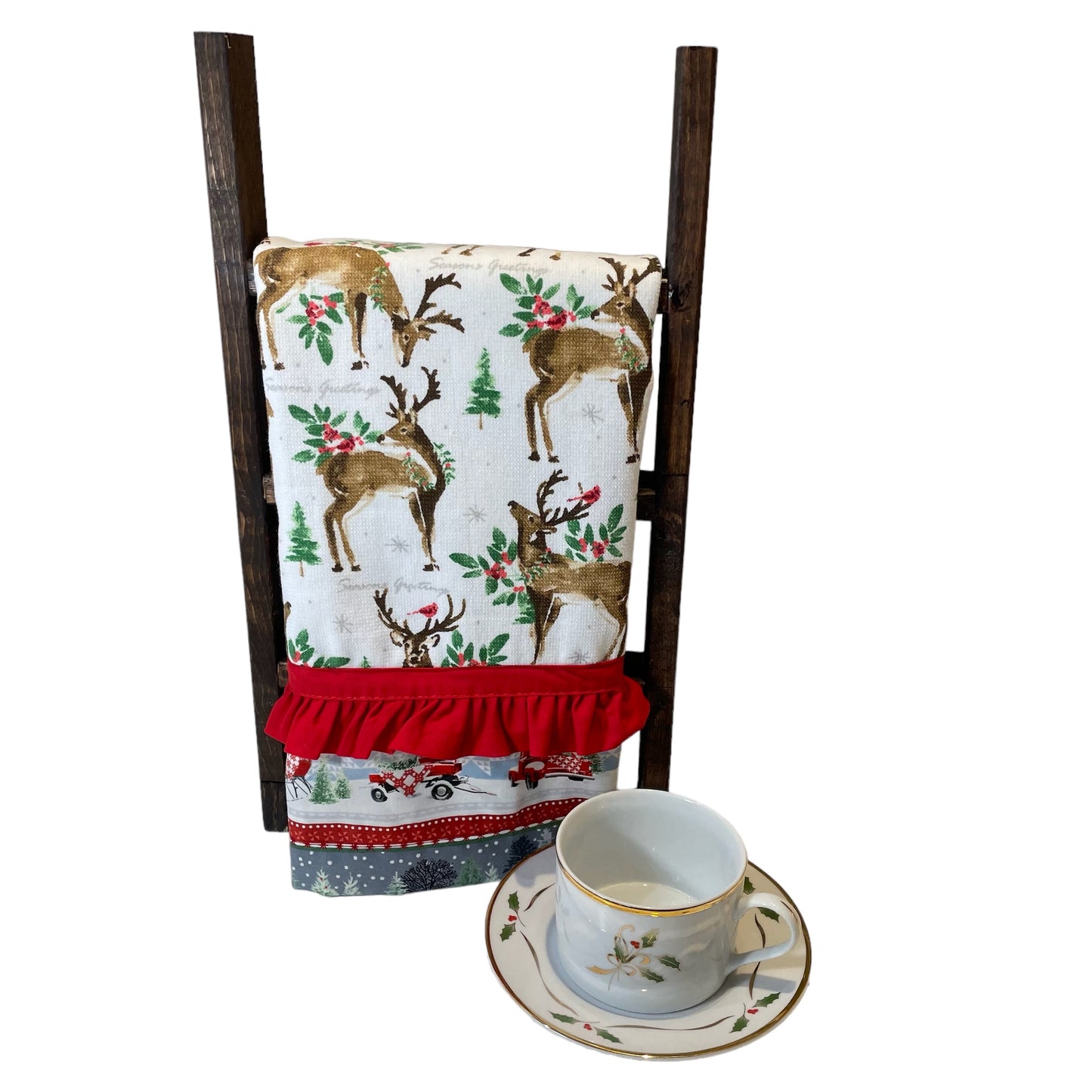Handcrafted Christmas Reindeer Kitchen Tea Towel with Embroidery Stitching and Red Frilled Trim