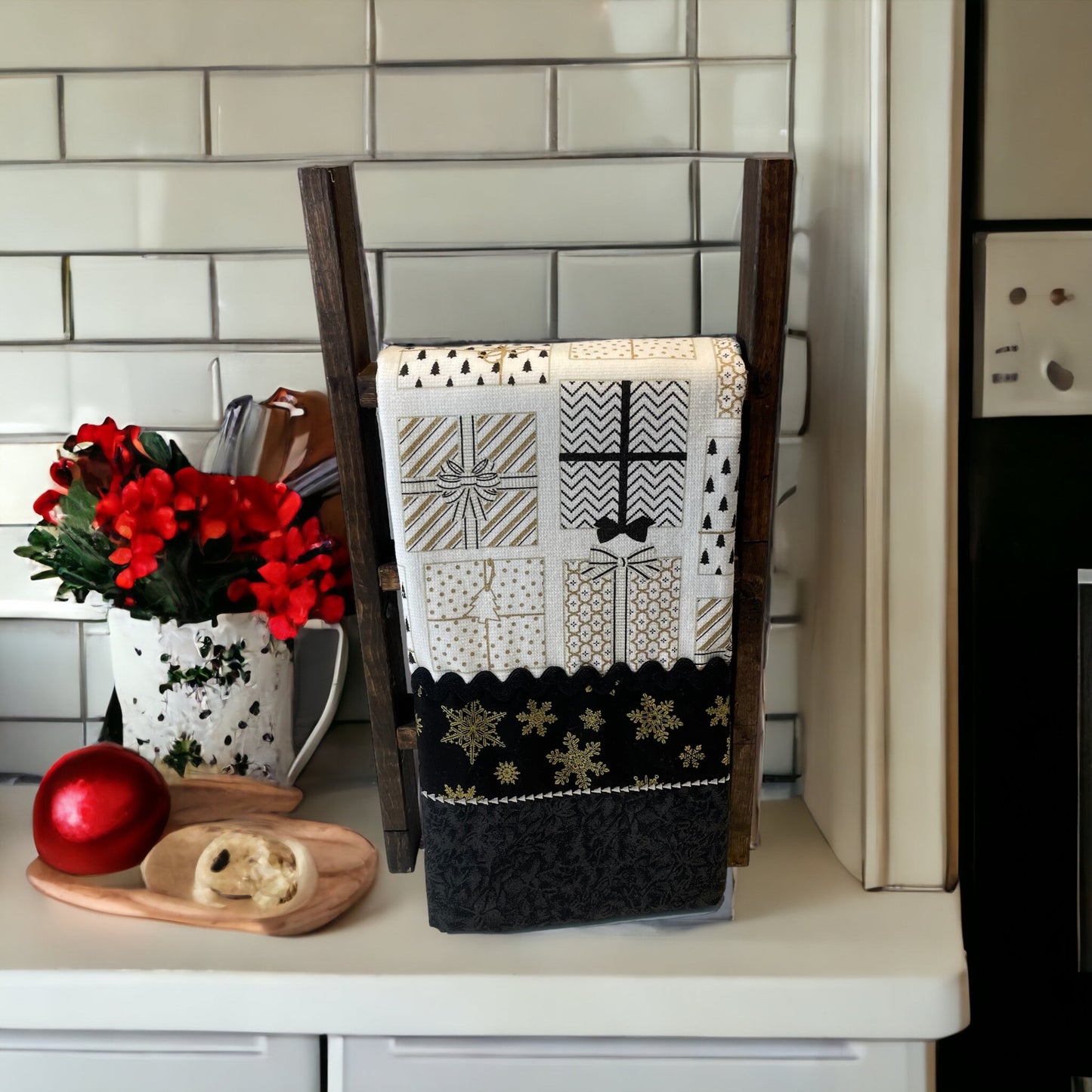 One-of-a-Kind Black and Gold Christmas Kitchen Dish Towel with Handmade Accents