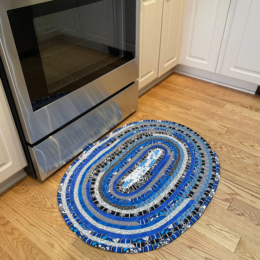 Black and Blue Kitchen Sink Rug or Bathmat, Washable Cotton Rug Handmade
