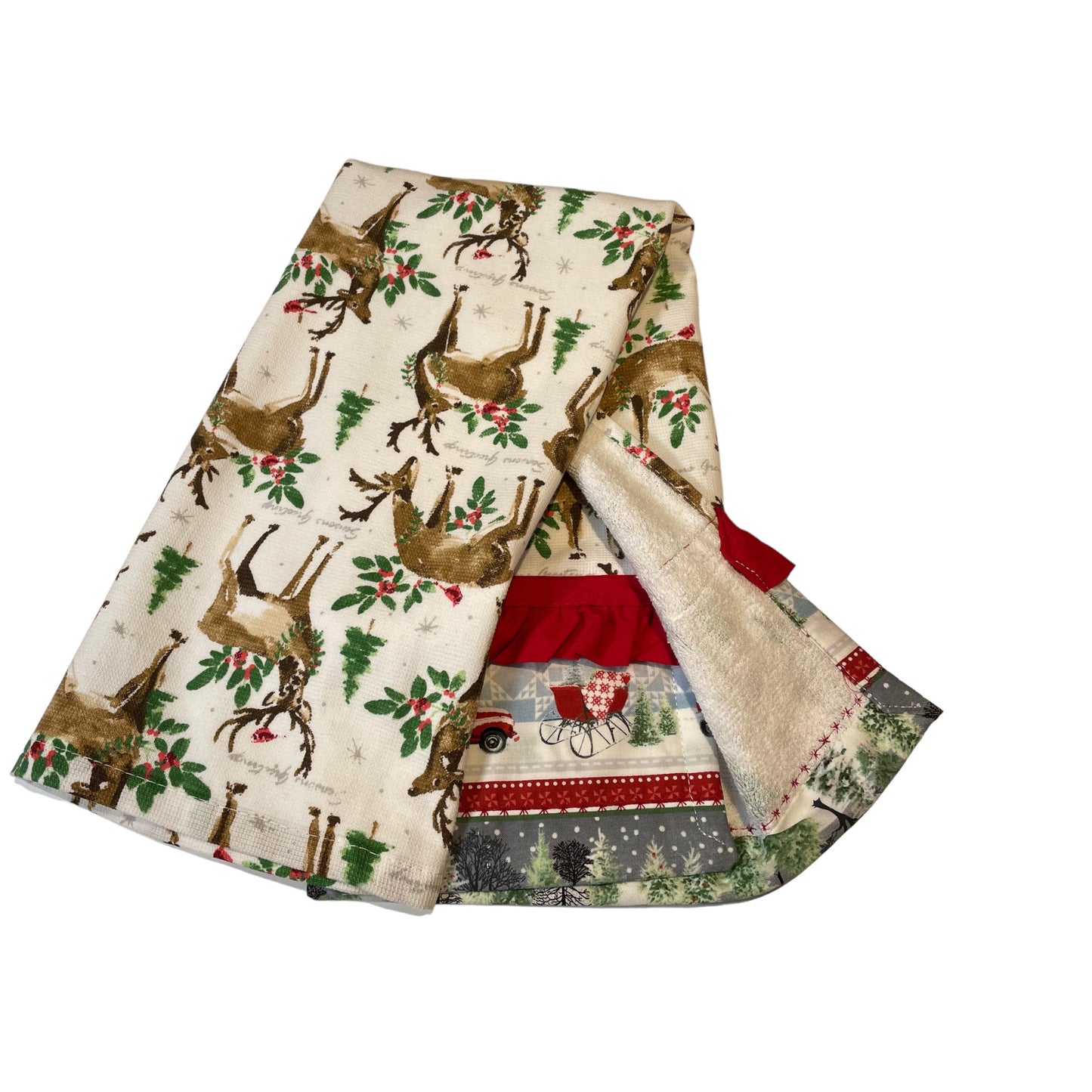 Handcrafted Christmas Reindeer Kitchen Tea Towel with Embroidery Stitching and Red Frilled Trim