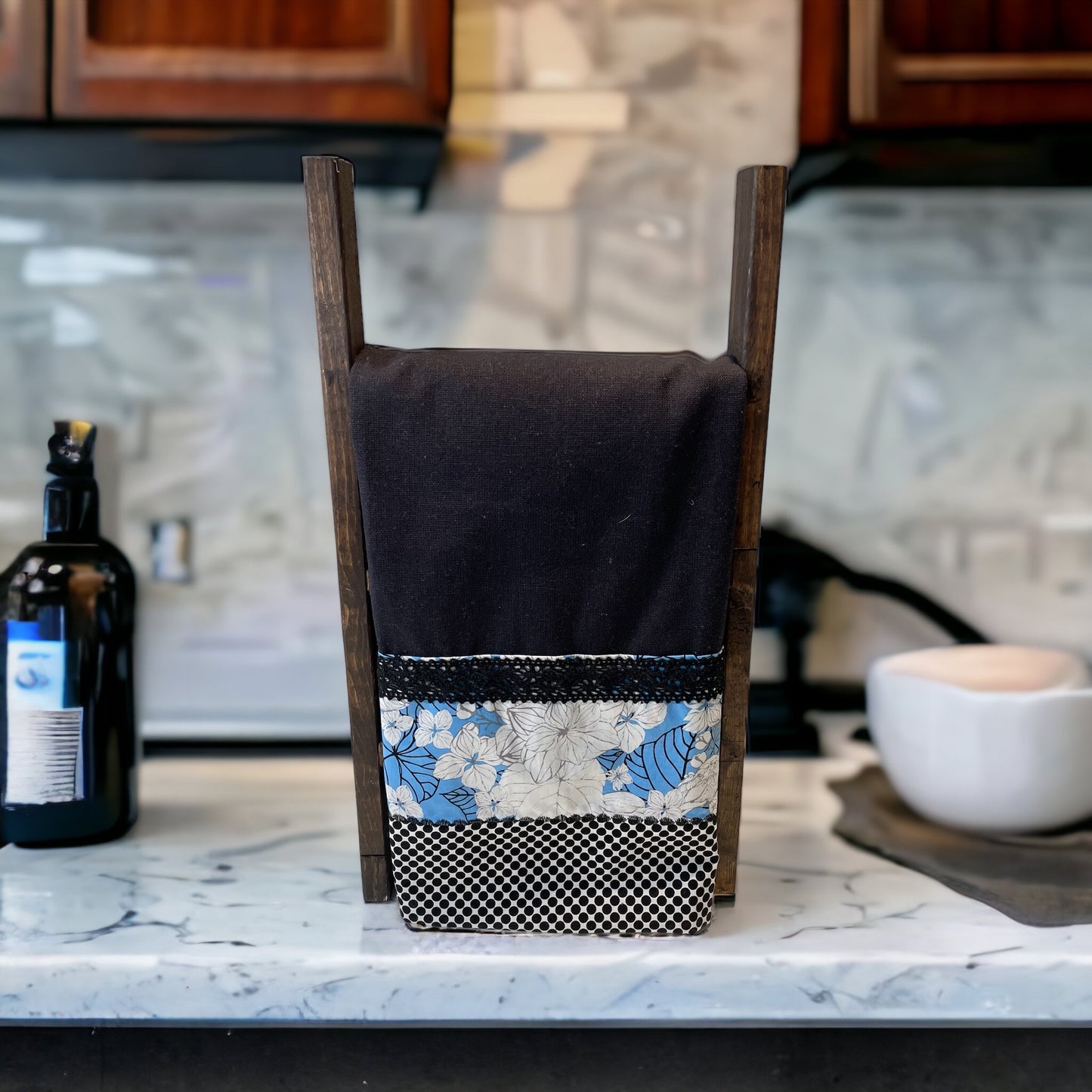 Black And Blue Floral Kitchen Dish Towel with Handmade Accents