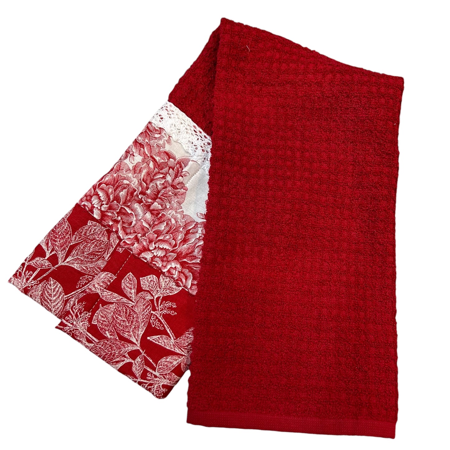 Red Floral Cotton Dish Towel with Handcrafted Quilt Cotton Details