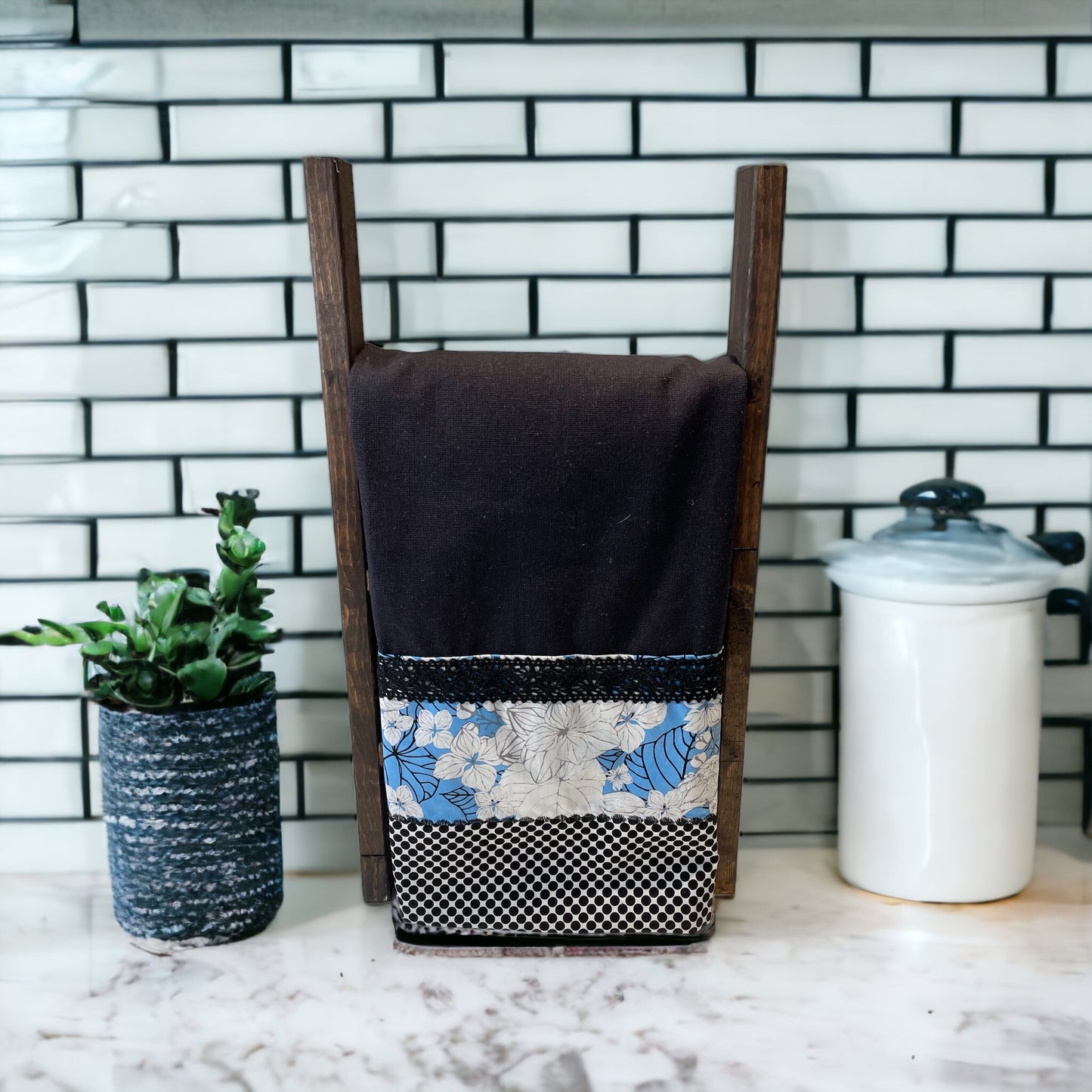 Black And Blue Floral Kitchen Dish Towel with Handmade Accents