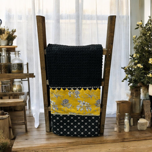 Yellow and Black Floral Country Dish Towel with Handcrafted Features