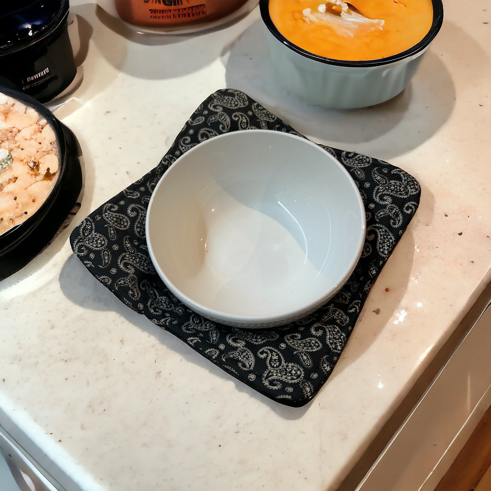 Soup Bowl Cozy Reversible Black Cotton Microwave Bowl Cozy. Handmade in Canada