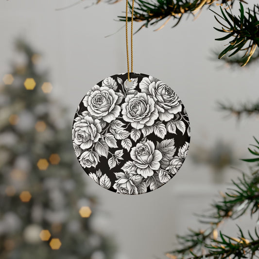 Black Floral Ceramic Ornaments - Vintage Rose Heart Decor, Holiday Tree Decoration, Gift Idea, Home Decor, Keepsakes