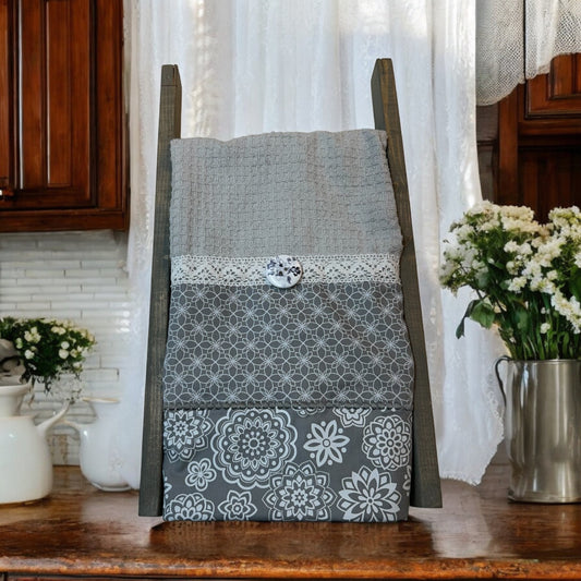 Grey & White Boho Dish Towel with Quilt Cotton Accents