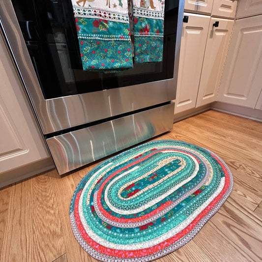 Handmade Teal Christmas Jellyroll Rug - Perfect for Kitchen, Bath or Bedside