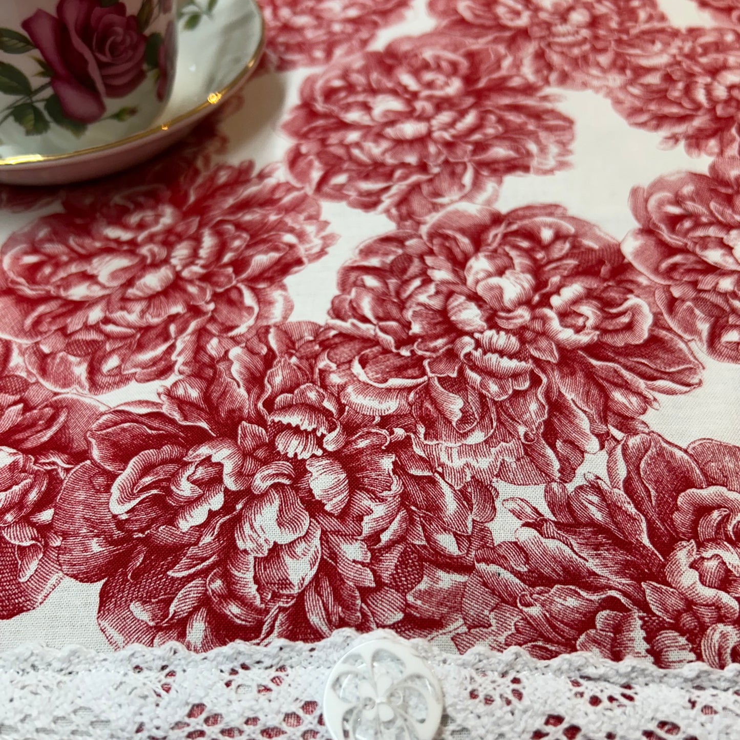 Handcrafted Red Floral Kitchen Dish Drying Mat with Acrylic Button Detail - Made in Canada