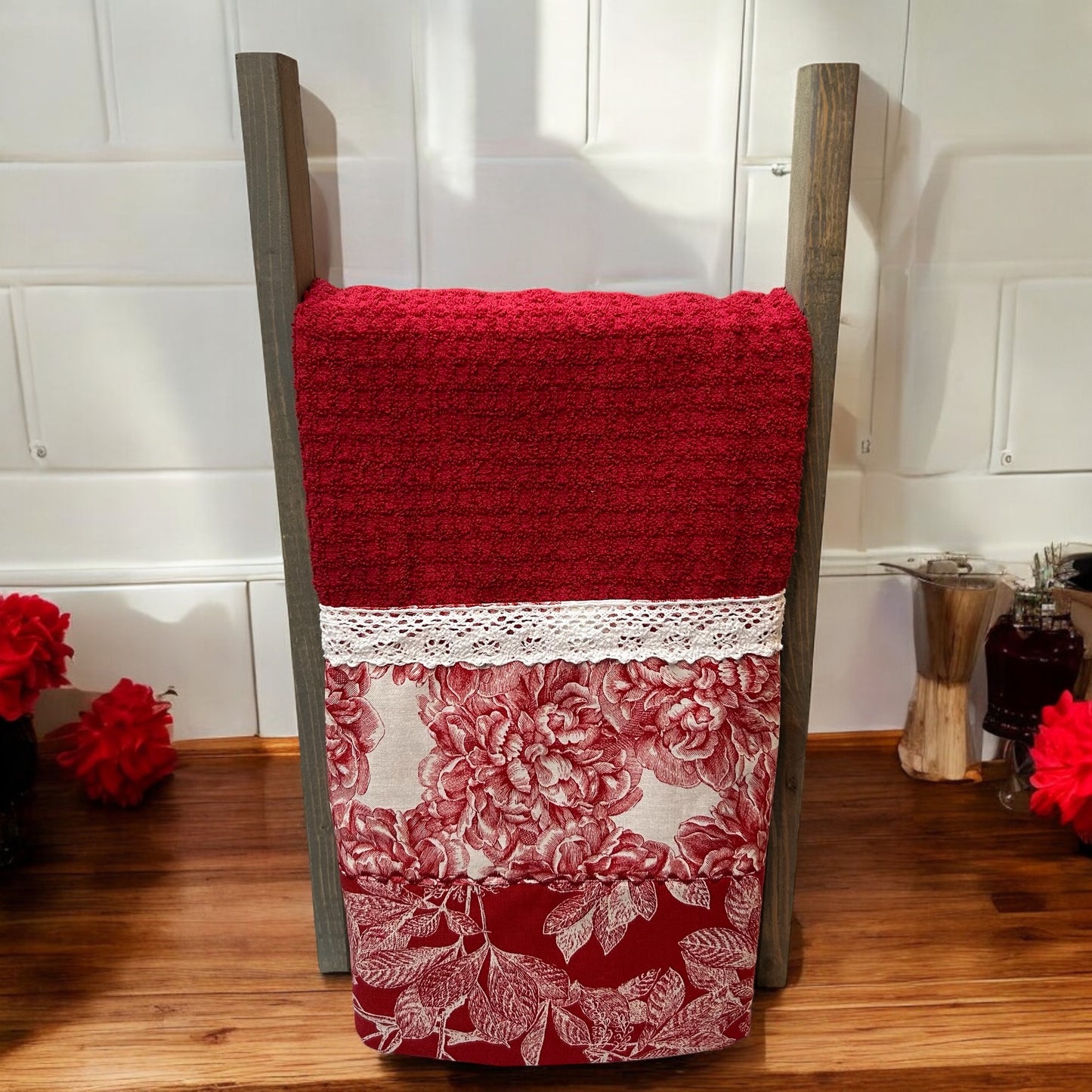 Red Floral Cotton Dish Towel with Handcrafted Quilt Cotton Details