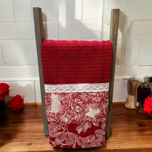 Red Floral Cotton Dish Towel with Handcrafted Quilt Cotton Details