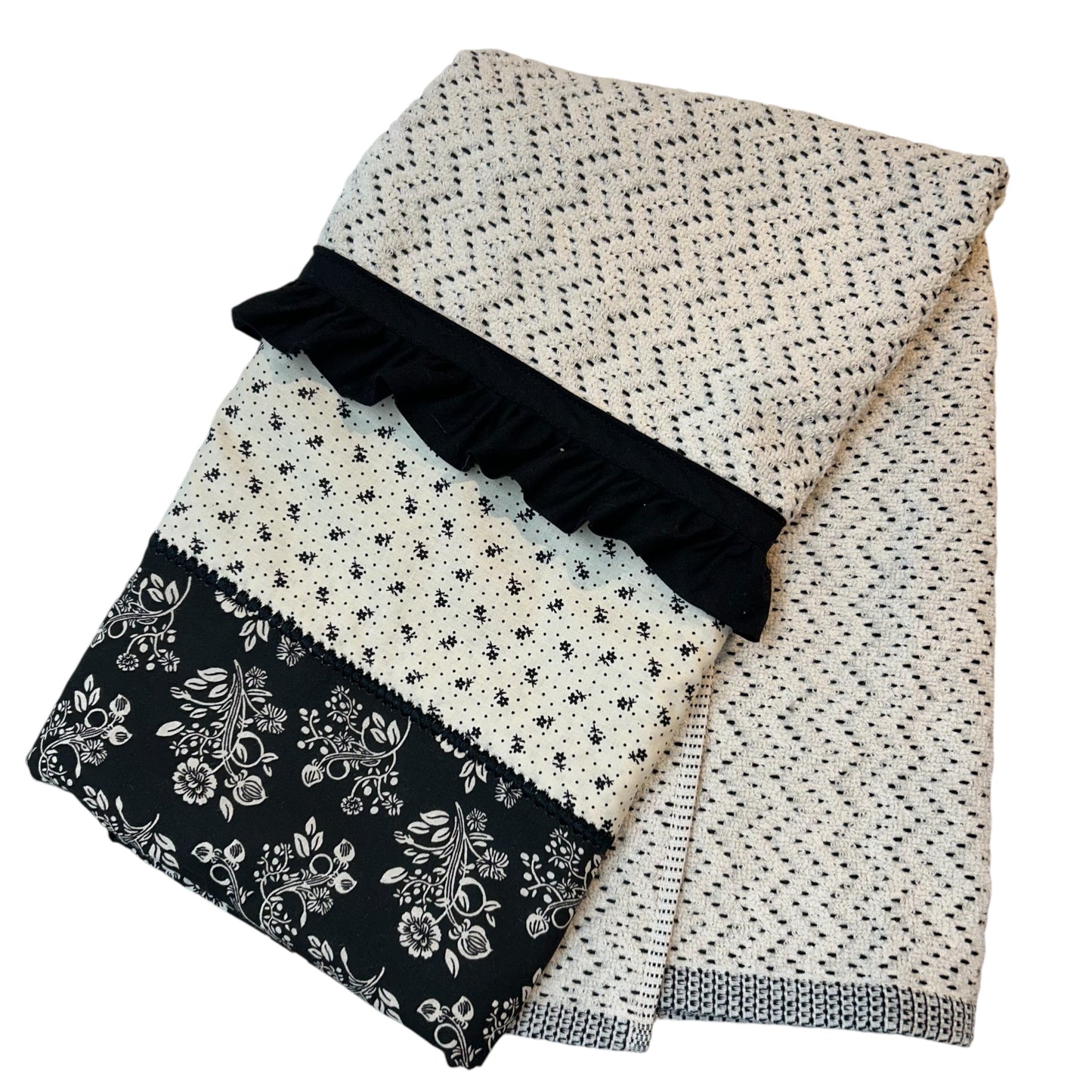 Black Floral Farmhouse Dish Towel with Quilt Cotton Accents - Made in Canada