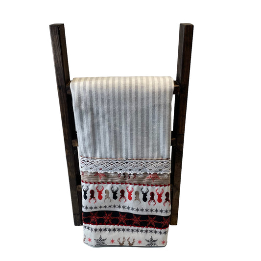 Handcrafted Christmas Reindeer Dish Towel with Quilt Cotton Accents and White Lace Trim