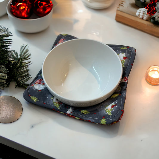 Gnome Microwave Soup Bowl Cozy Reversible with Christmas Tree Print on the other side. Handmade Soup Cozy. Cute Gnome Christmas Bowl Hot Pad. 