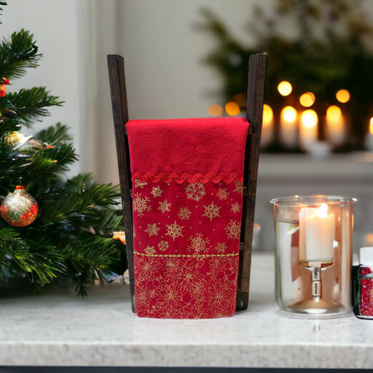 Red and White Christmas Tea Towel With Gold Accents