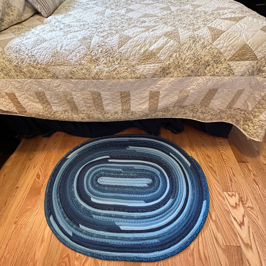 Blue Handmade Jelly Roll Rug for Kitchen. Or use as a bedside rug or luxury bathmat.  It's cozy, washable, reversible and made to last.  At Home Stitchery Decor we aim to bring beauty and function to home decor just like grandma used to make! 