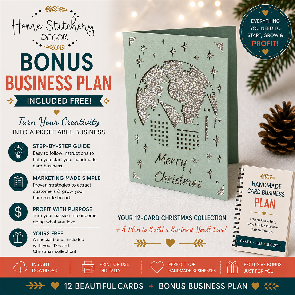 Christmas Card SVG Bundle – 12 Digital Christmas Card Designs + Business Plan Bonus