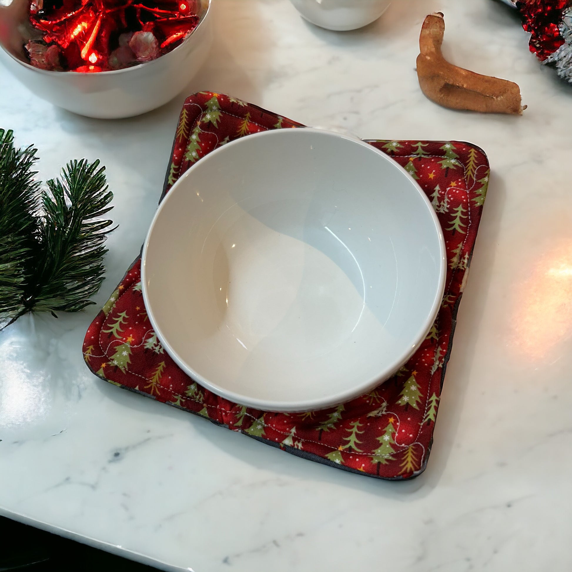 Gnome Microwave Soup Bowl Cozy Reversible with Christmas Tree Print on the other side. Handmade Soup Cozy. Cute Gnome Christmas Bowl Hot Pad.