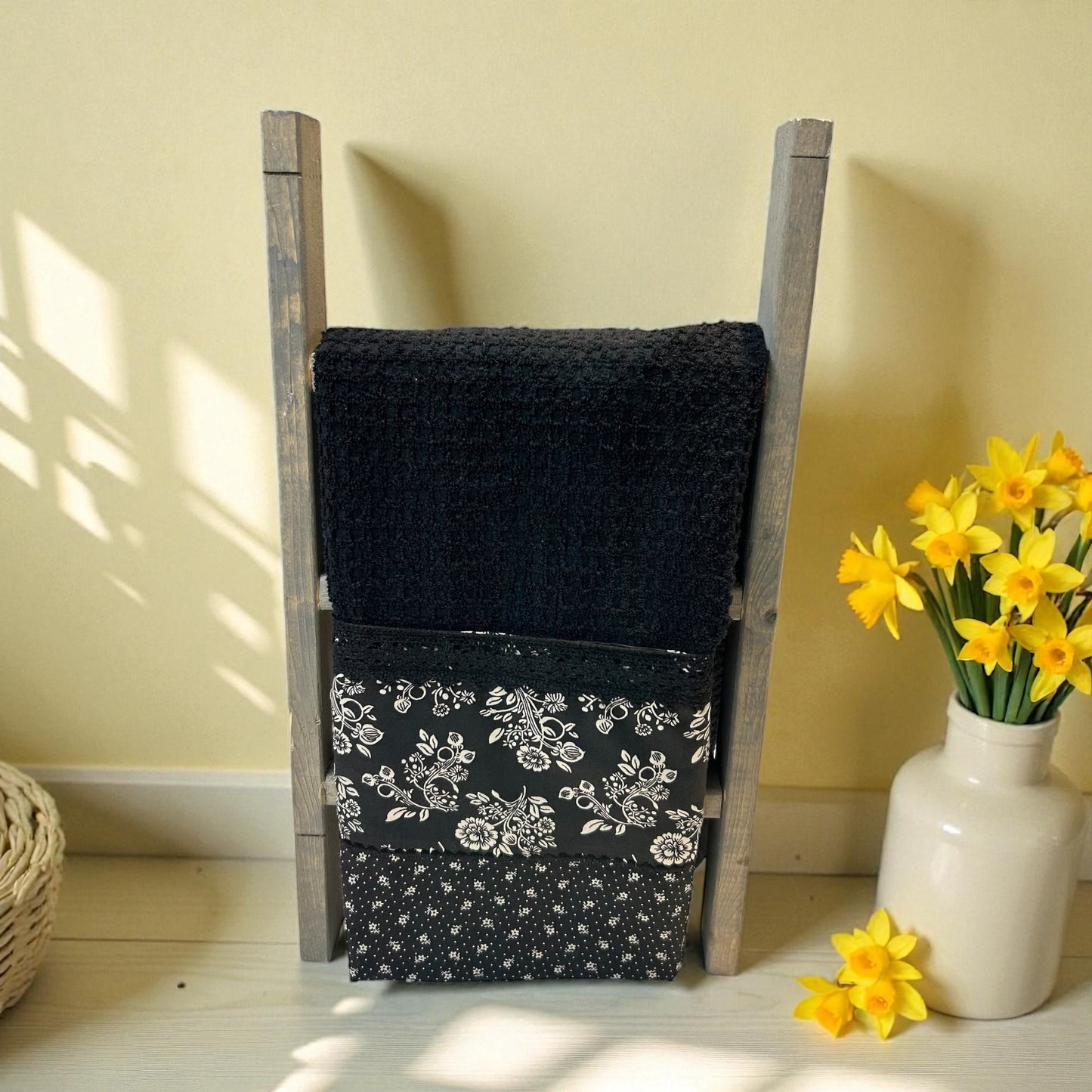 Black Floral Tea Towel