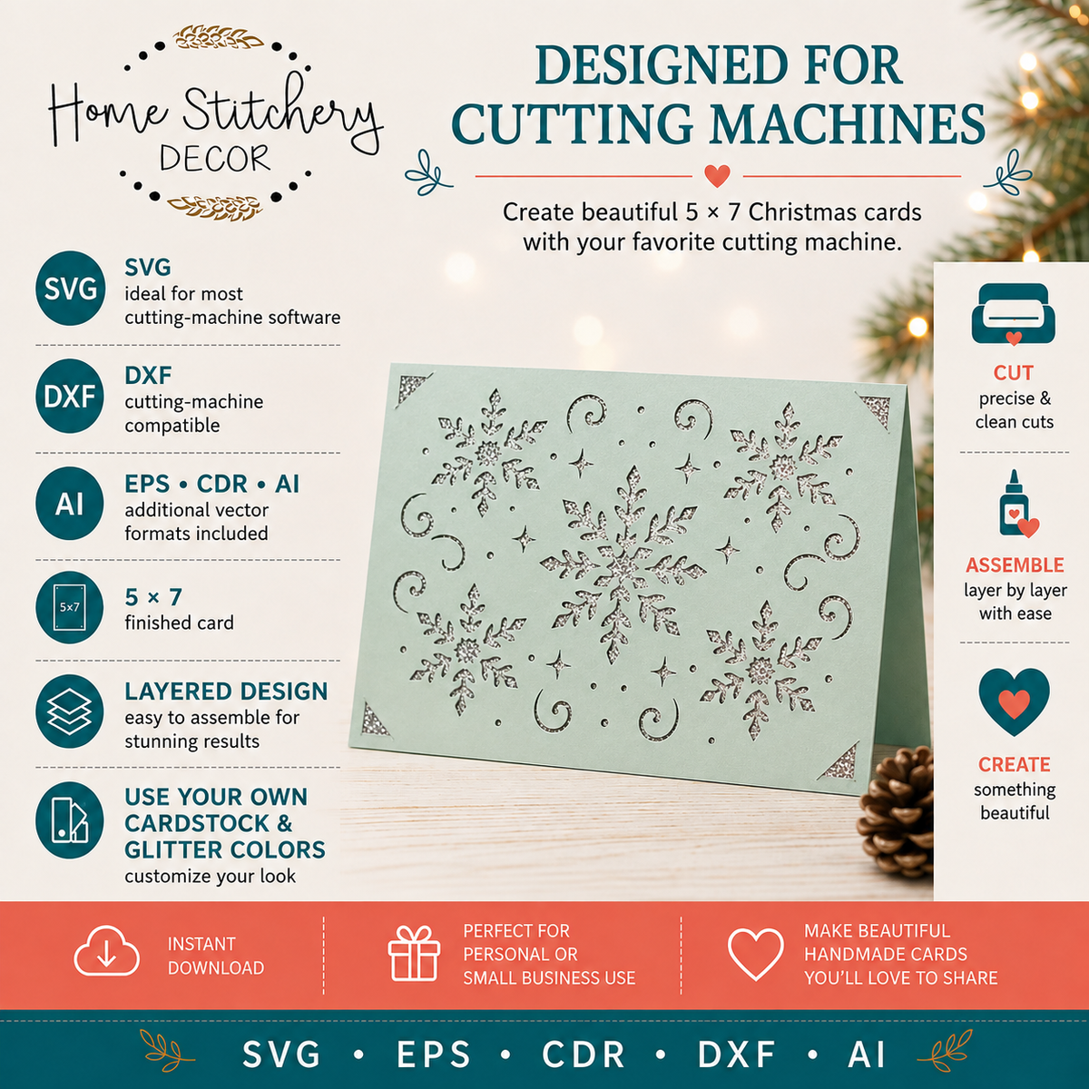 Snowflake Christmas Card SVG – 5×7 Layered Digital Cutting File for Cricut & Silhouette