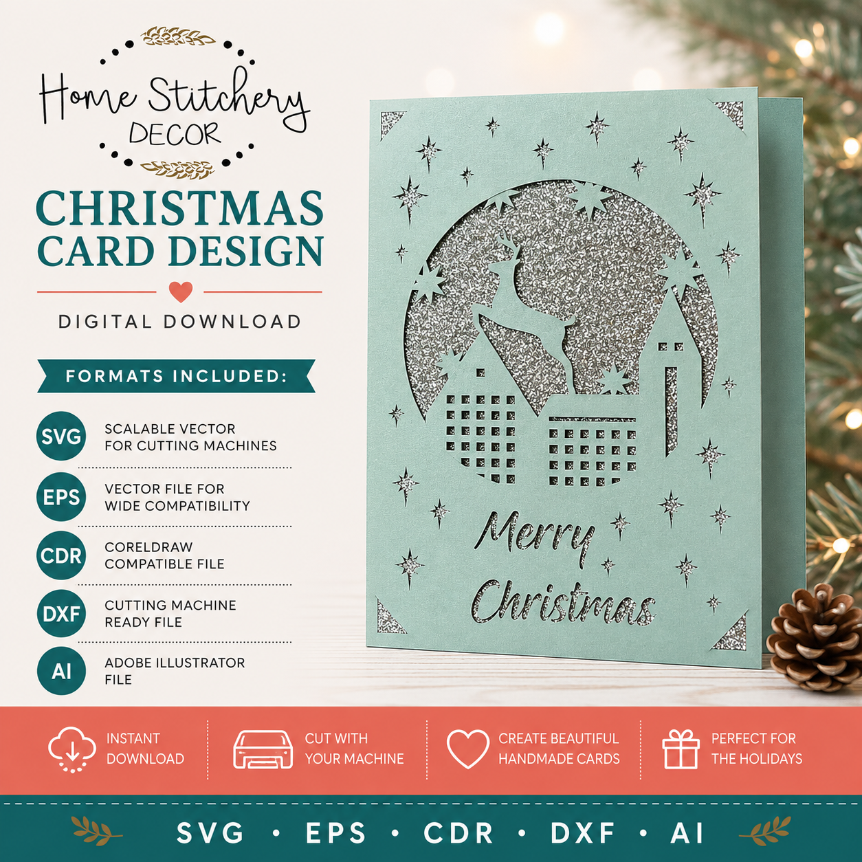 Christmas Reindeer Village Card SVG | Merry Christmas Digital Card Design | Cricut, Silhouette, EPS, CDR, DXF & AI
