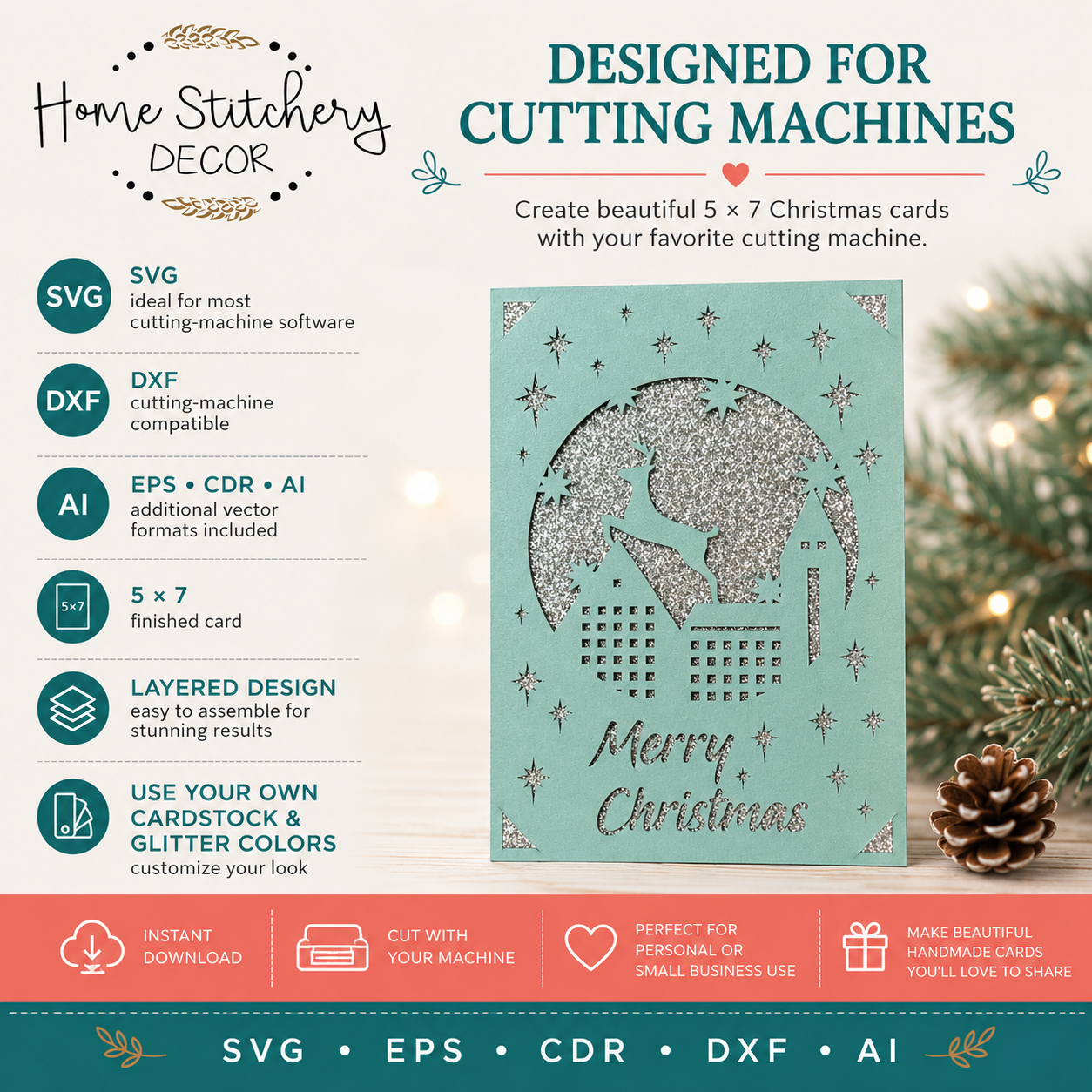 Christmas Reindeer Village Card SVG | Merry Christmas Digital Card Design | Cricut, Silhouette, EPS, CDR, DXF & AI
