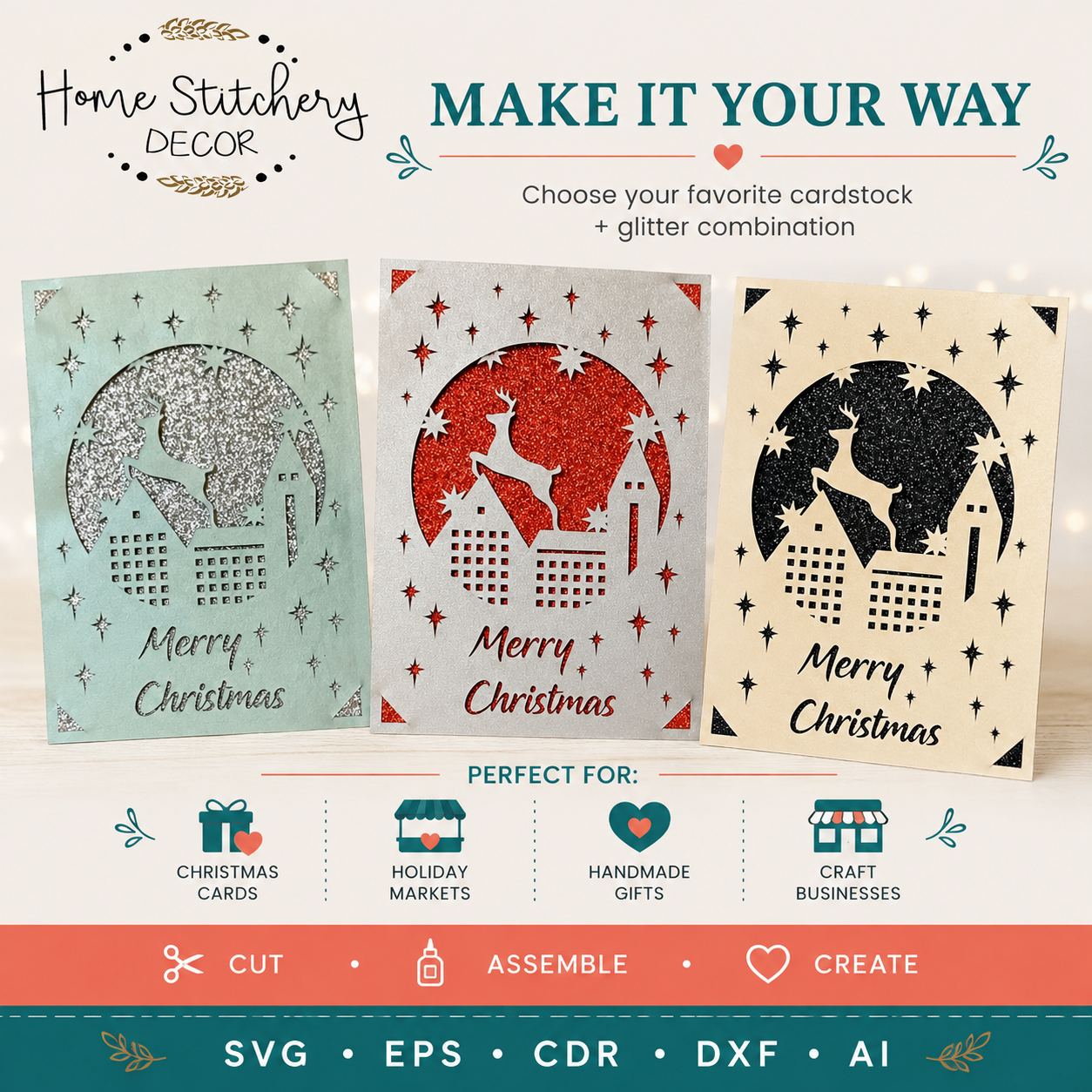 Christmas Reindeer Village Card SVG | Merry Christmas Digital Card Design | Cricut, Silhouette, EPS, CDR, DXF & AI