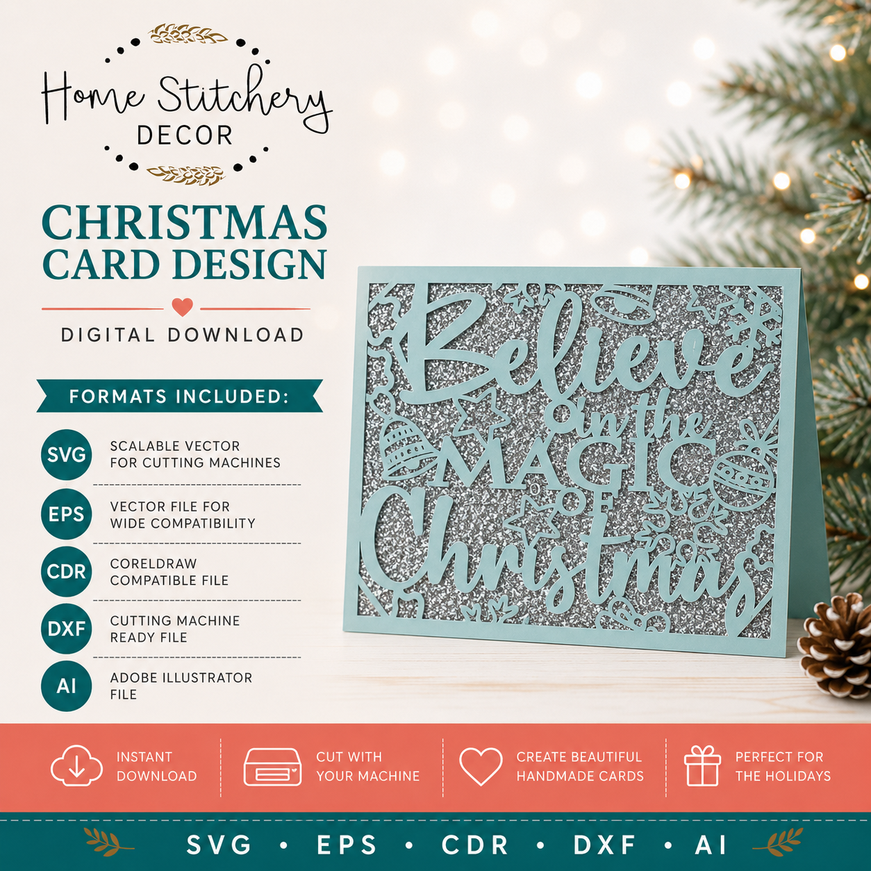 **Believe in the Magic of Christmas Card SVG | Christmas Digital Card Design | Cricut, Silhouette, EPS, CDR, DXF & AI**