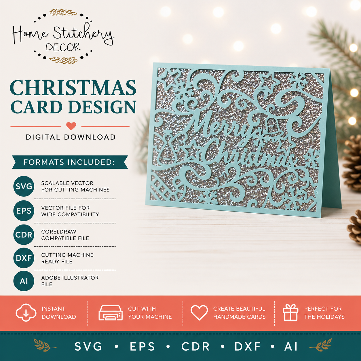 Merry Christmas Snowflake Card SVG | Elegant Christmas Digital Card Design | Cricut, Silhouette, EPS, CDR, DXF & AI