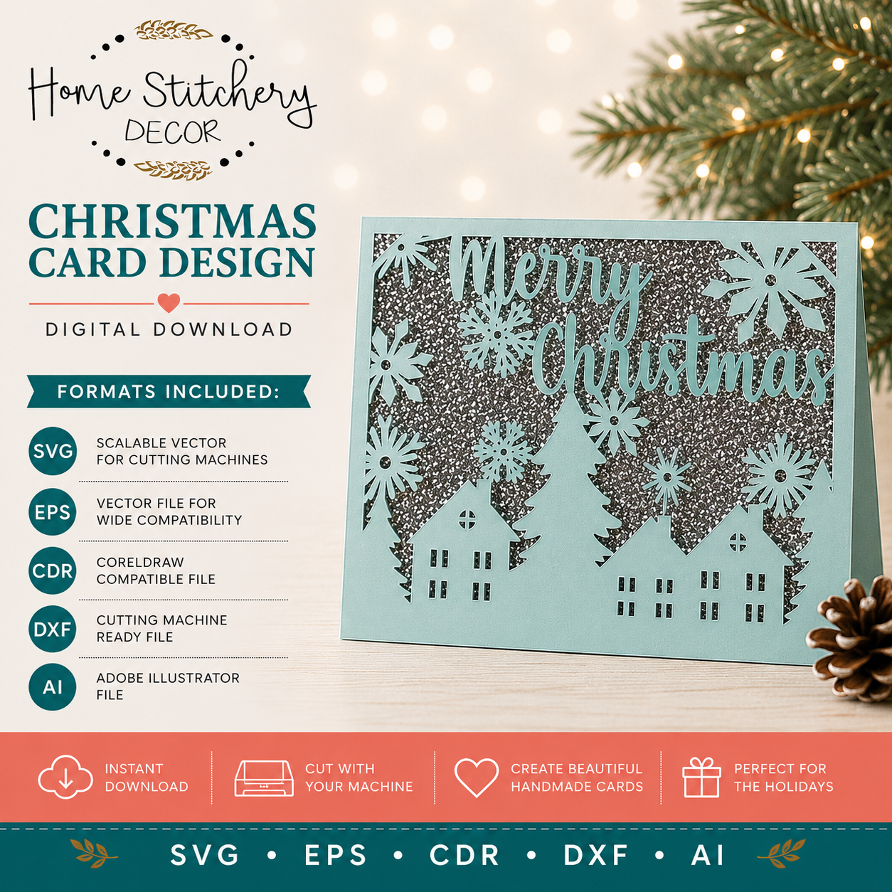 Christmas Village Card SVG | Merry Christmas Snowflake Digital Card Design | Cricut, Silhouette, EPS, CDR, DXF & AI