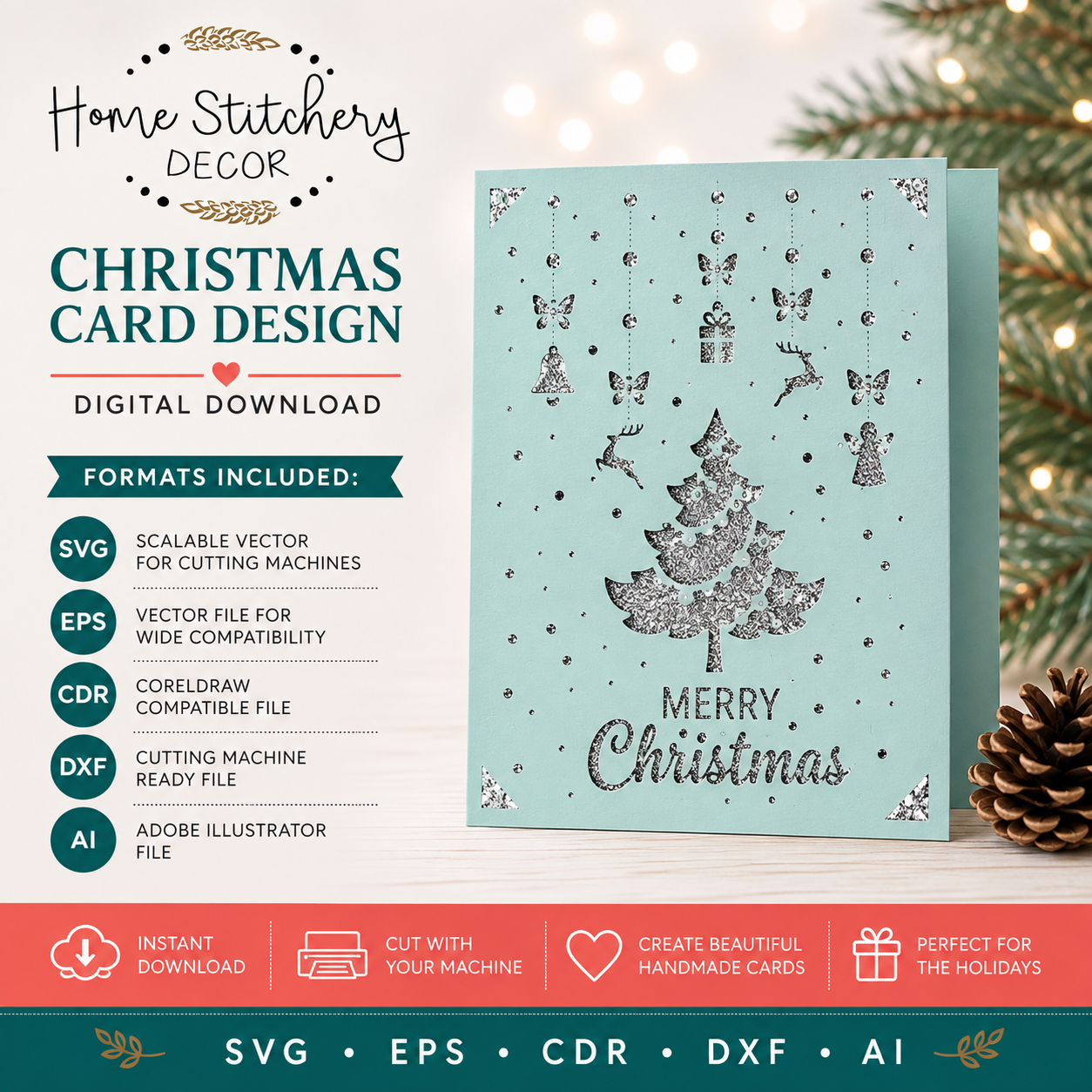 Christmas Tree Ornament Card SVG | Merry Christmas Digital Card Design | Cricut, Silhouette, EPS, CDR, DXF & AI