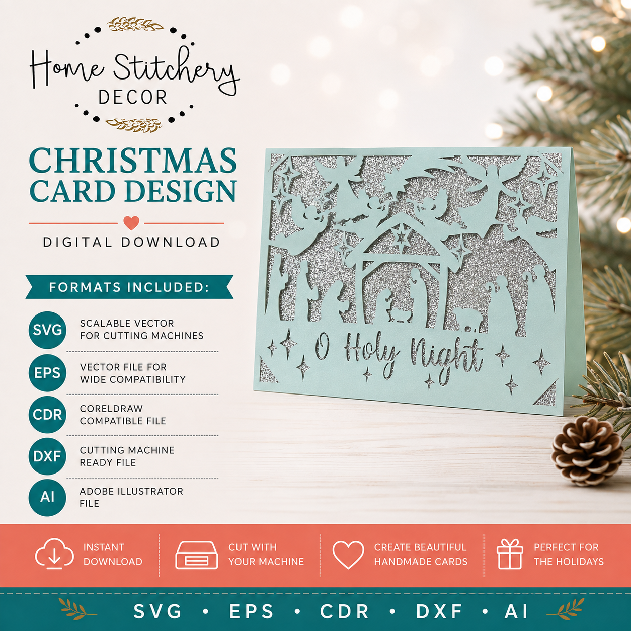 O Holy Night Nativity Christmas Card SVG | Religious Christmas Digital Card Design | Cricut, Silhouette, EPS, CDR, DXF & AI