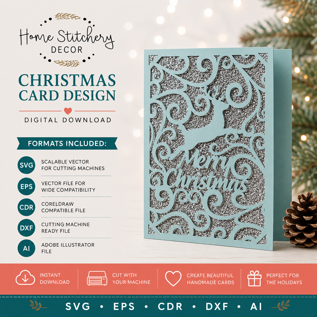 Reindeer Christmas Card SVG – 5x7 Layered Holiday Card Digital Download for Cricut & Cutting Machines
