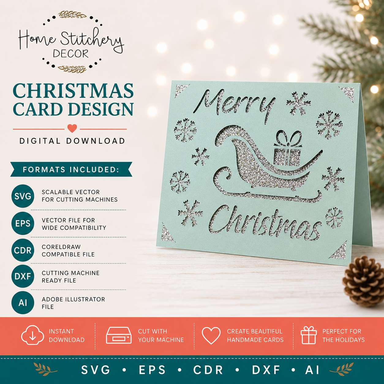 Christmas Sleigh Card SVG | Merry Christmas Digital Card Design | Cricut, Silhouette, EPS, CDR, DXF & AI