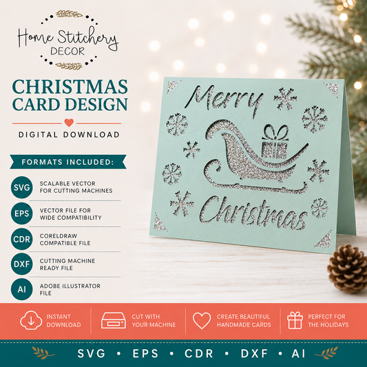 Christmas Sleigh Card SVG | Merry Christmas Digital Card Design | Cricut, Silhouette, EPS, CDR, DXF & AI