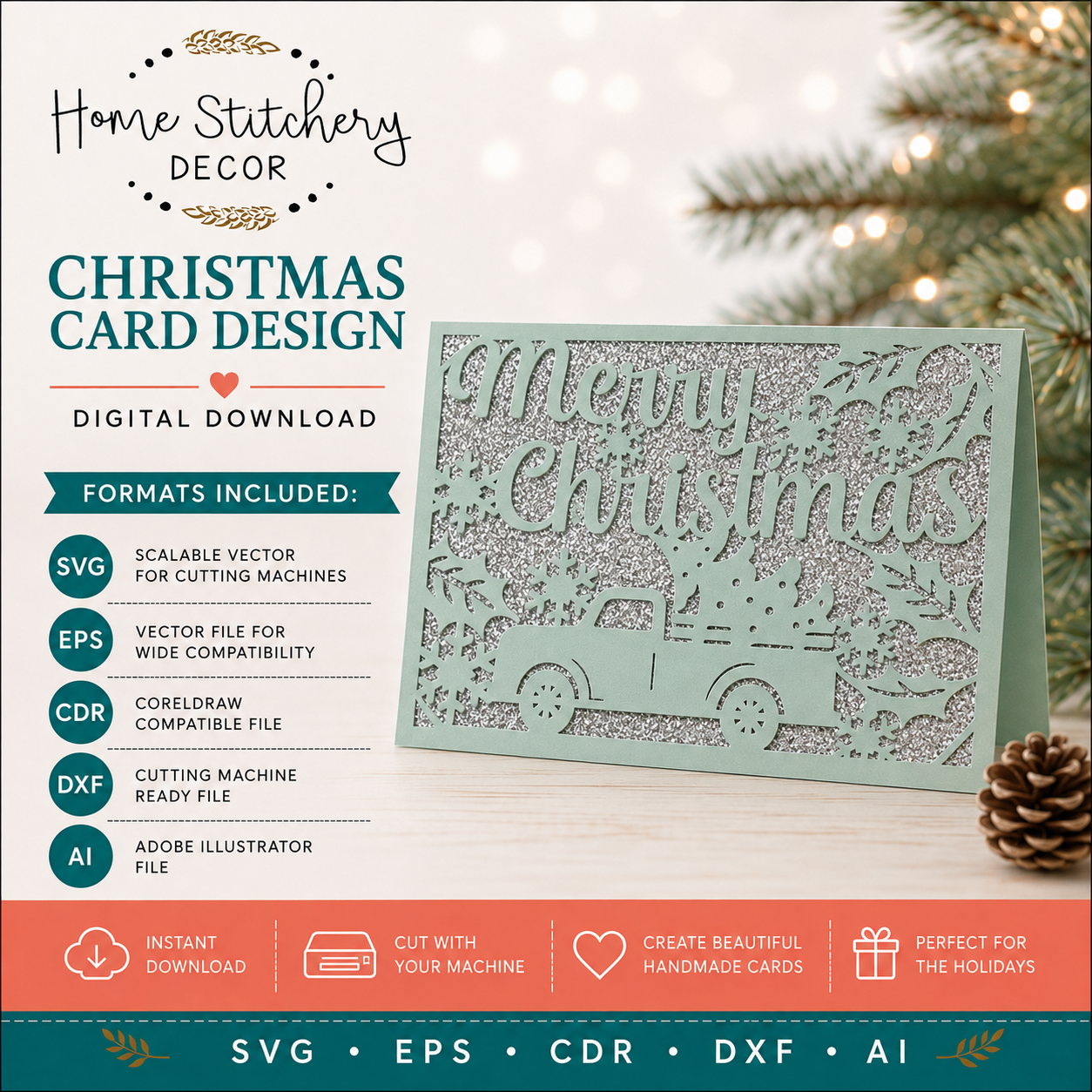 Christmas Truck Card SVG | Merry Christmas Vintage Truck Digital Card Design | Cricut, Silhouette, EPS, CDR, DXF & AI