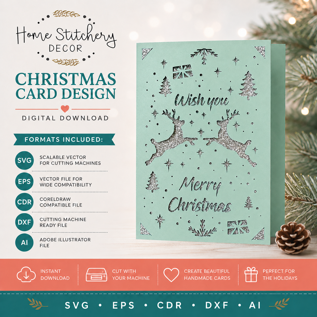 Reindeer Merry Christmas Card SVG | Wish You a Merry Christmas Digital Card Design | Cricut, Silhouette, EPS, CDR, DXF & AI