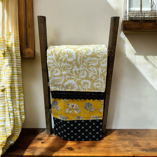 Handcrafted Yellow and Black Farmhouse Dish Towel with Quilt Cotton and Cotton Lace Trim