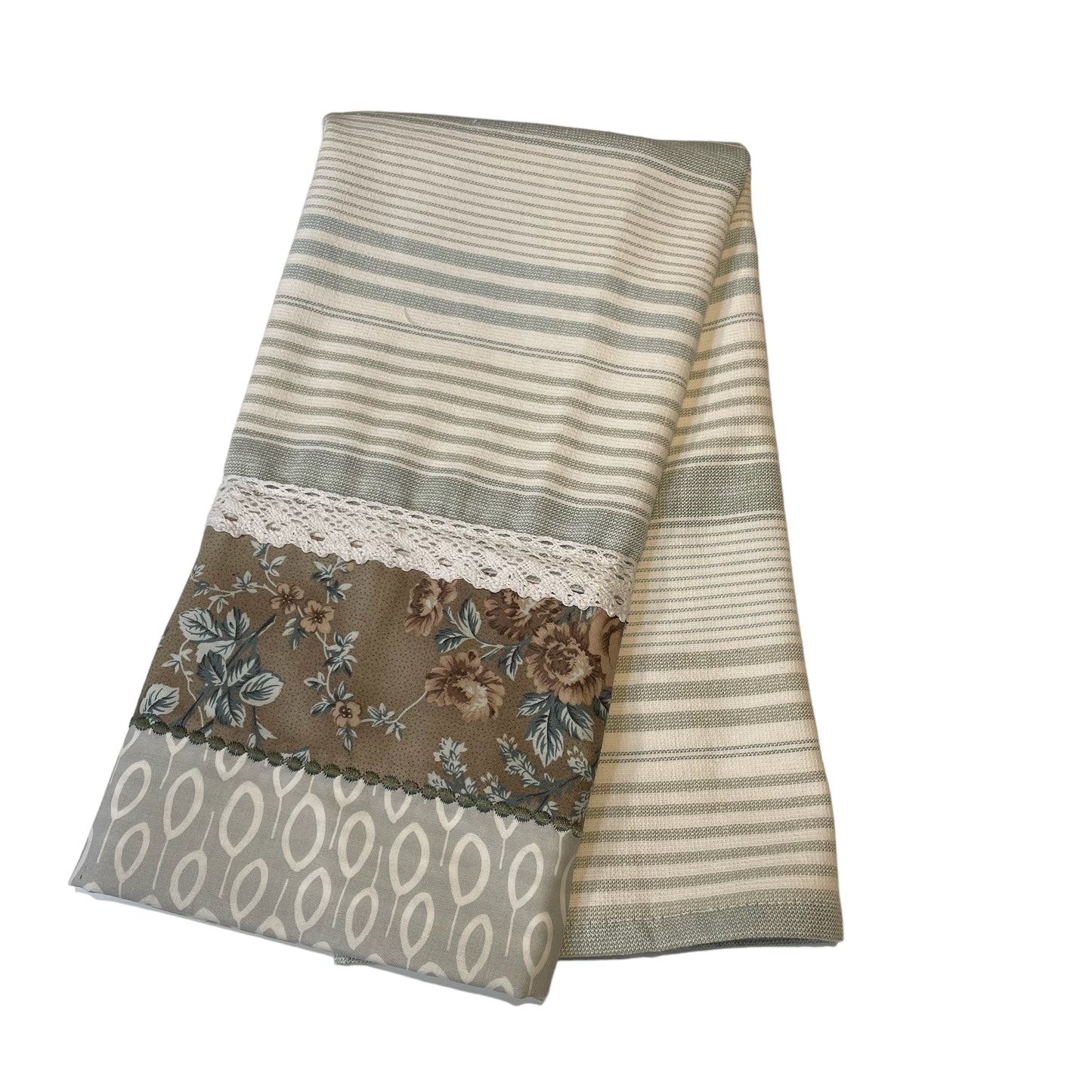 Handcrafted Green & White Floral Farmhouse Style Dish Towel with Cotton Lace Trim
