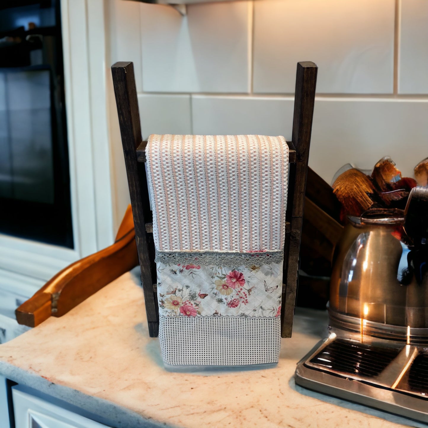 Pink and Grey Modern Farmhouse Kitchen Dish Towel with Handmade Accents