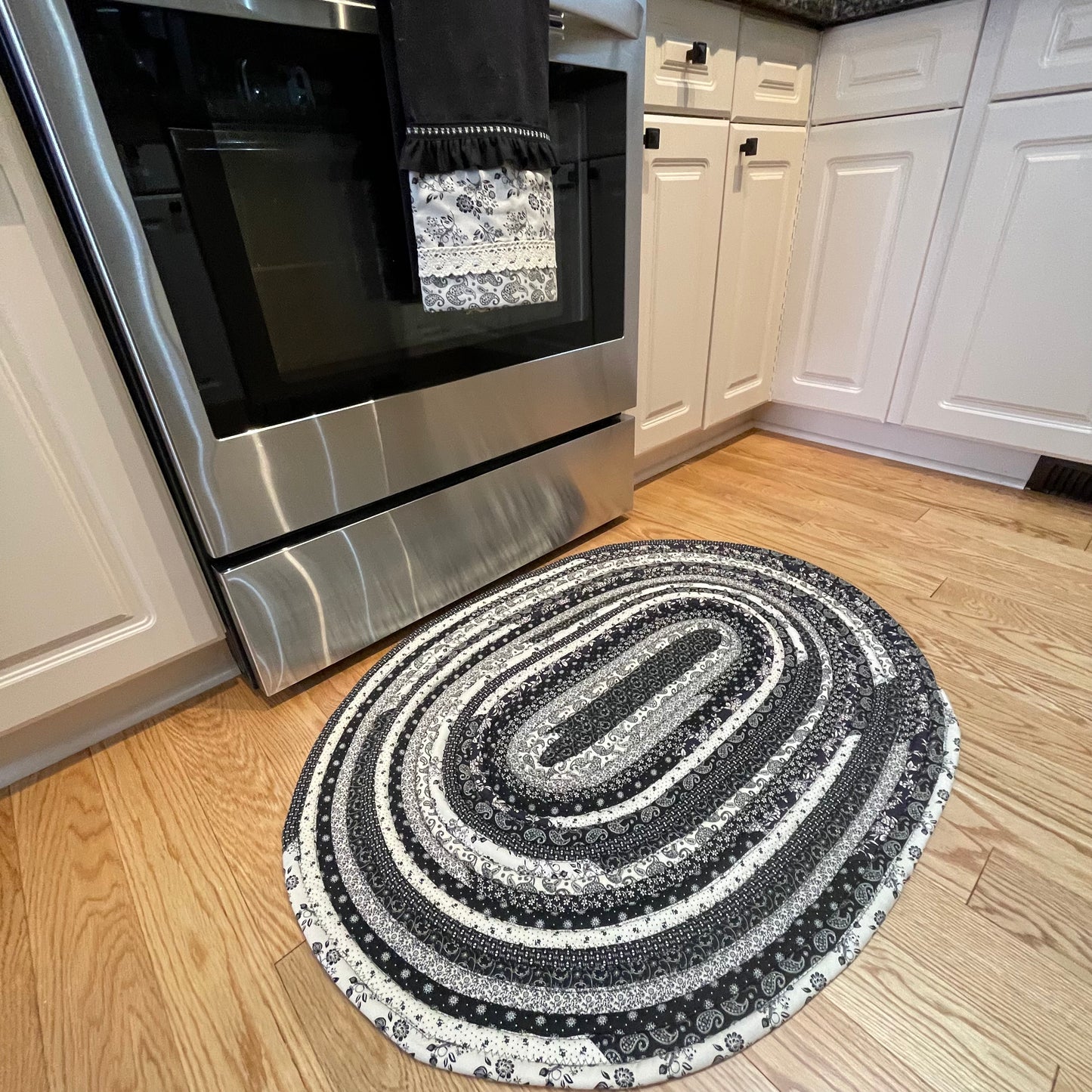 Black and Cream Jellyroll Rug for Kitchen