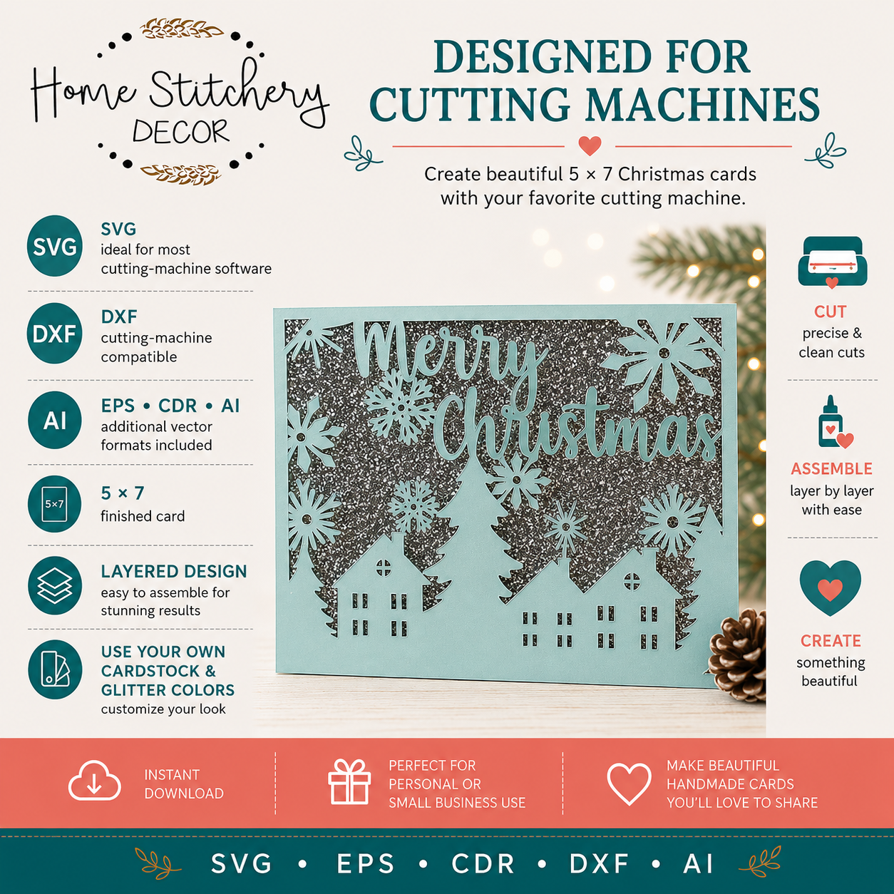 Christmas Village Card SVG | Merry Christmas Snowflake Digital Card Design | Cricut, Silhouette, EPS, CDR, DXF & AI