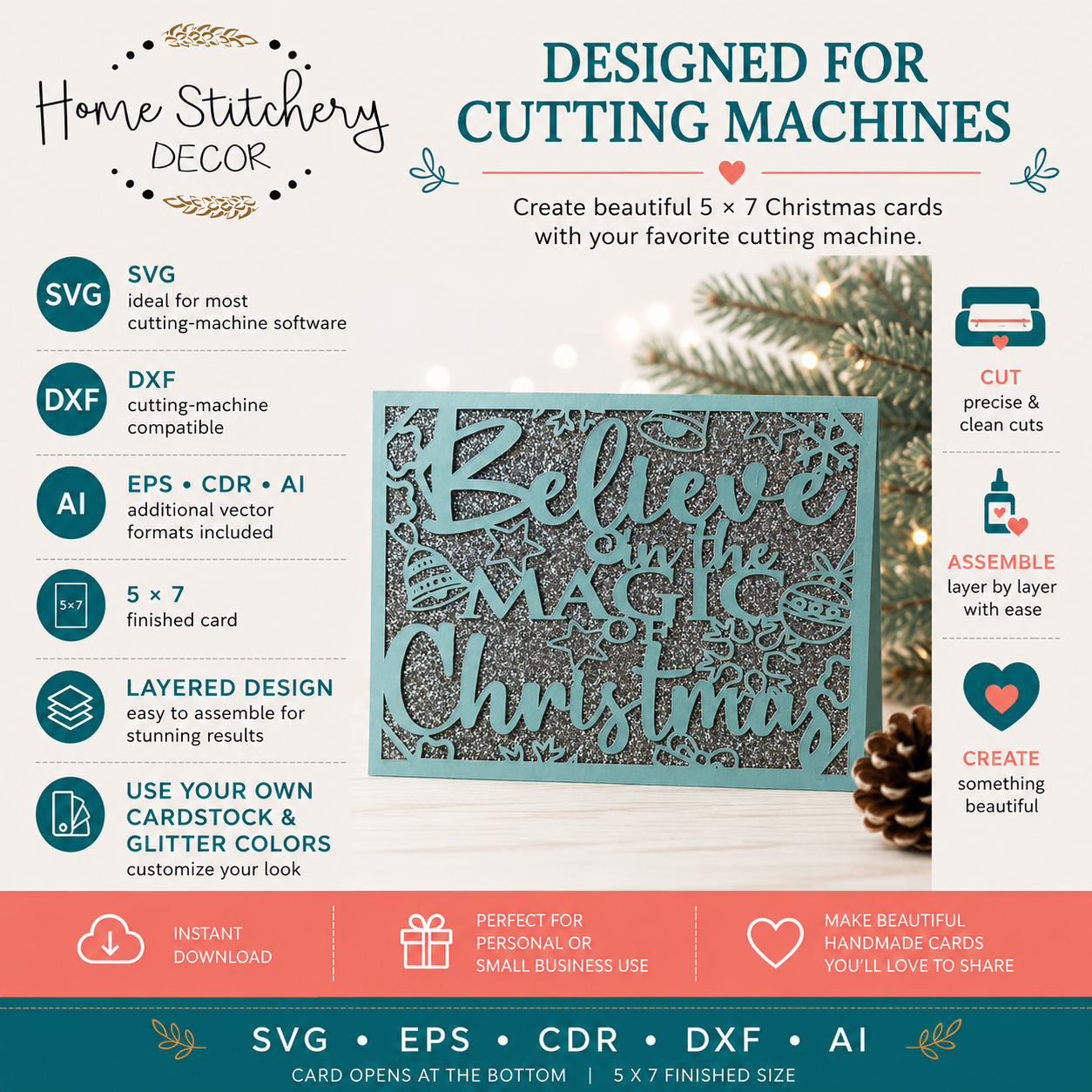 **Believe in the Magic of Christmas Card SVG | Christmas Digital Card Design | Cricut, Silhouette, EPS, CDR, DXF & AI**