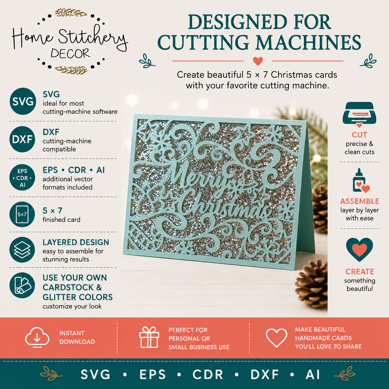 Merry Christmas Snowflake Card SVG | Elegant Christmas Digital Card Design | Cricut, Silhouette, EPS, CDR, DXF & AI