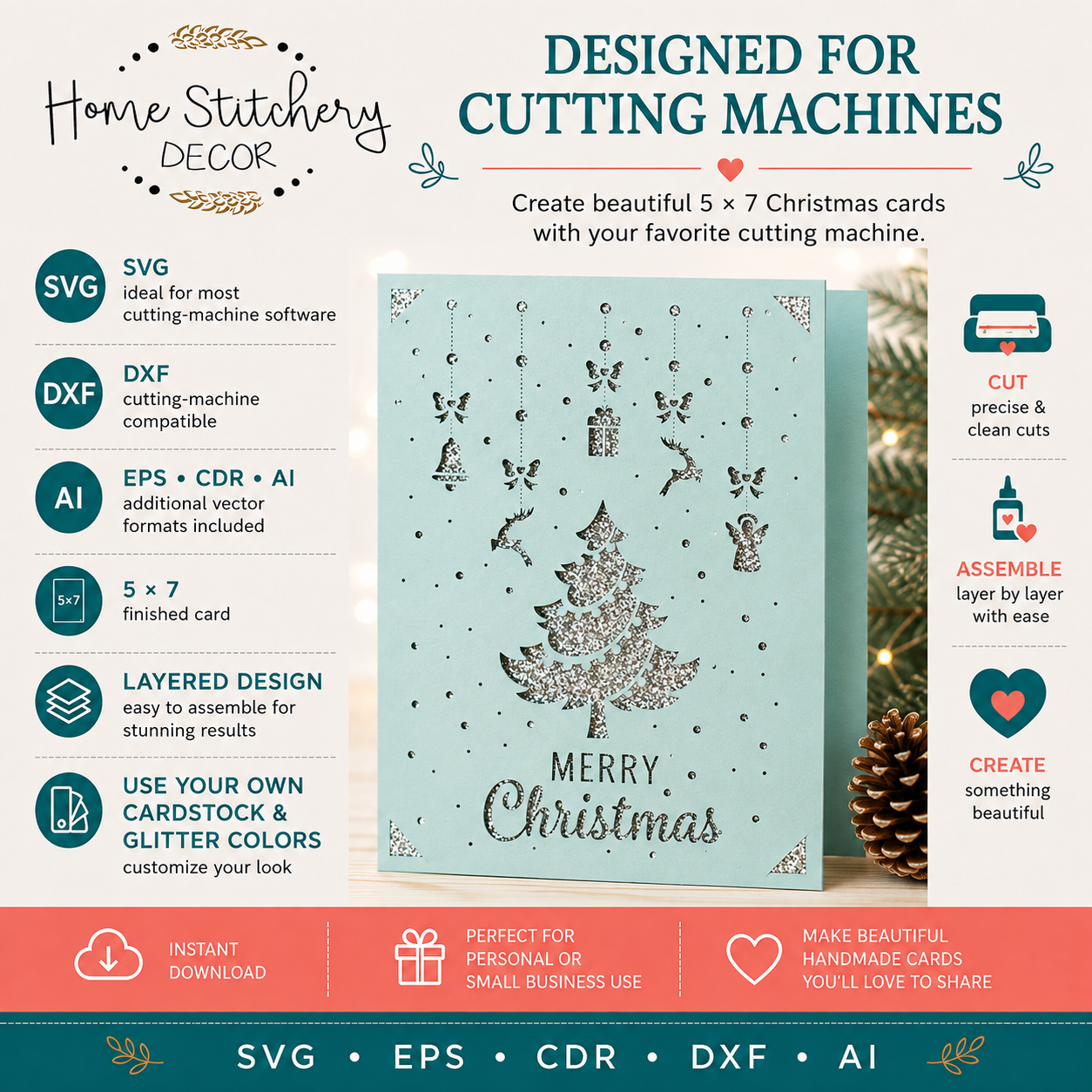 Christmas Tree Ornament Card SVG | Merry Christmas Digital Card Design | Cricut, Silhouette, EPS, CDR, DXF & AI