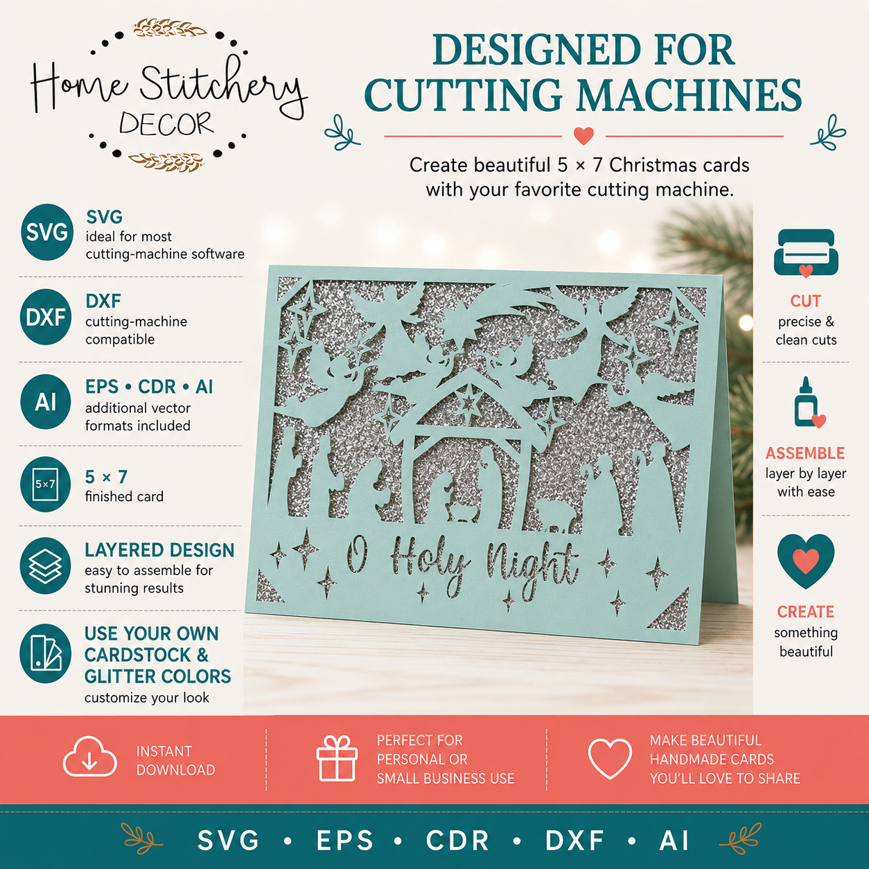 O Holy Night Nativity Christmas Card SVG | Religious Christmas Digital Card Design | Cricut, Silhouette, EPS, CDR, DXF & AI