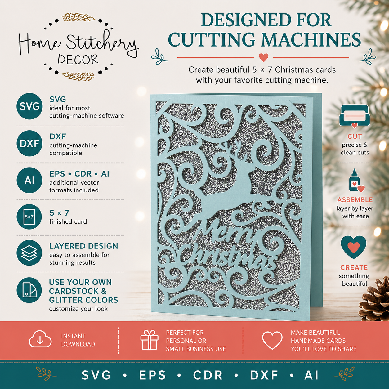 Reindeer Christmas Card SVG – 5x7 Layered Holiday Card Digital Download for Cricut & Cutting Machines