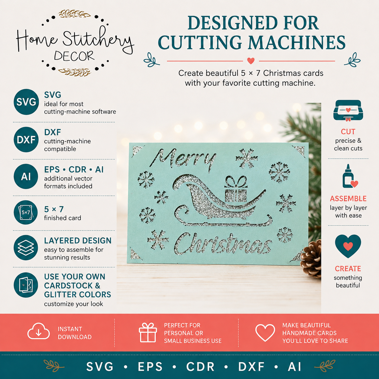 Christmas Sleigh Card SVG | Merry Christmas Digital Card Design | Cricut, Silhouette, EPS, CDR, DXF & AI