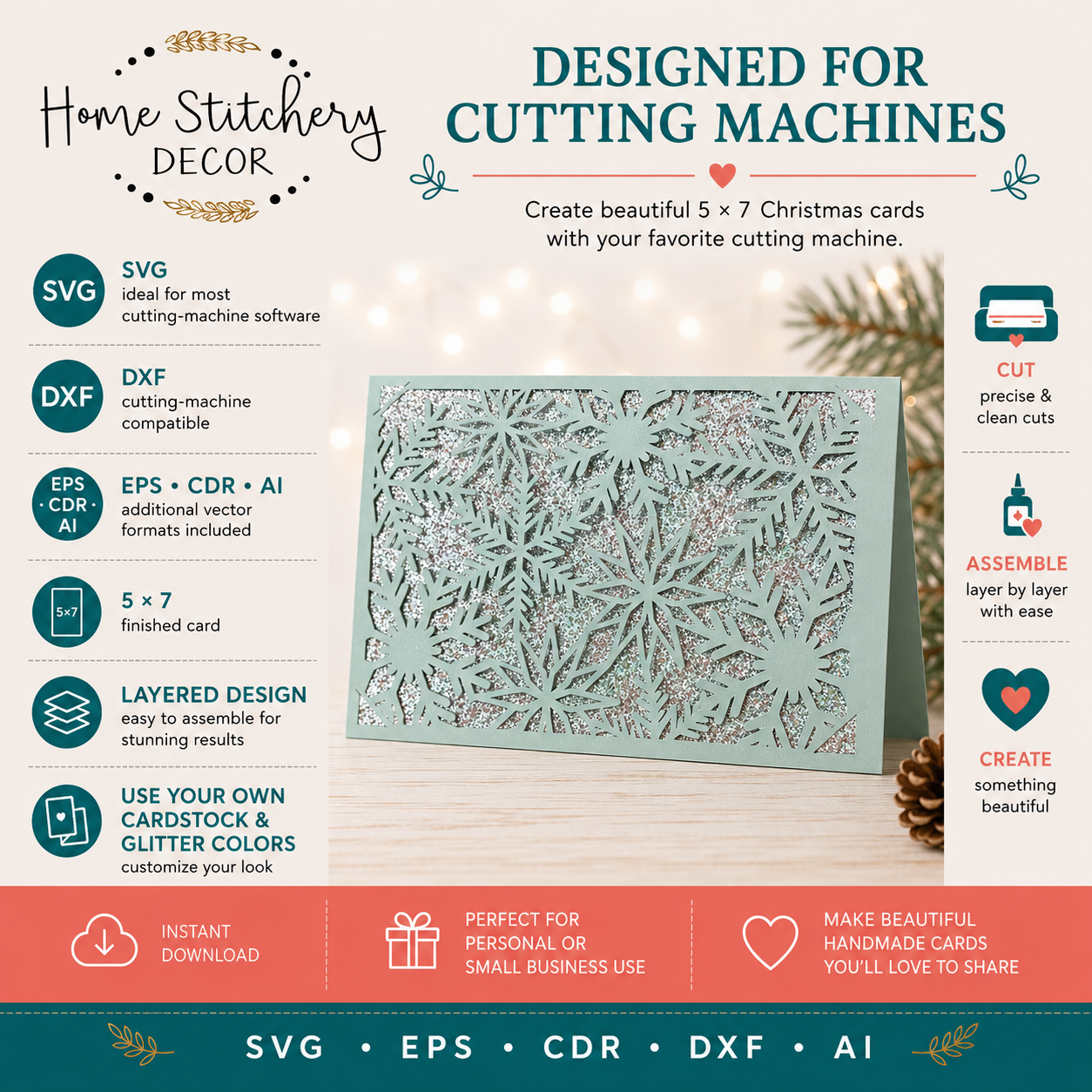 Snowflake Christmas Card SVG – 5x7 Layered Holiday Card Digital Download for Cricut & Cutting Machines